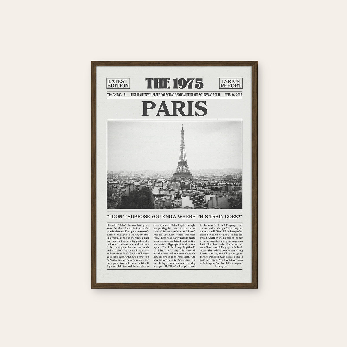The 1975 Paris newspaper poster — dark wood frame