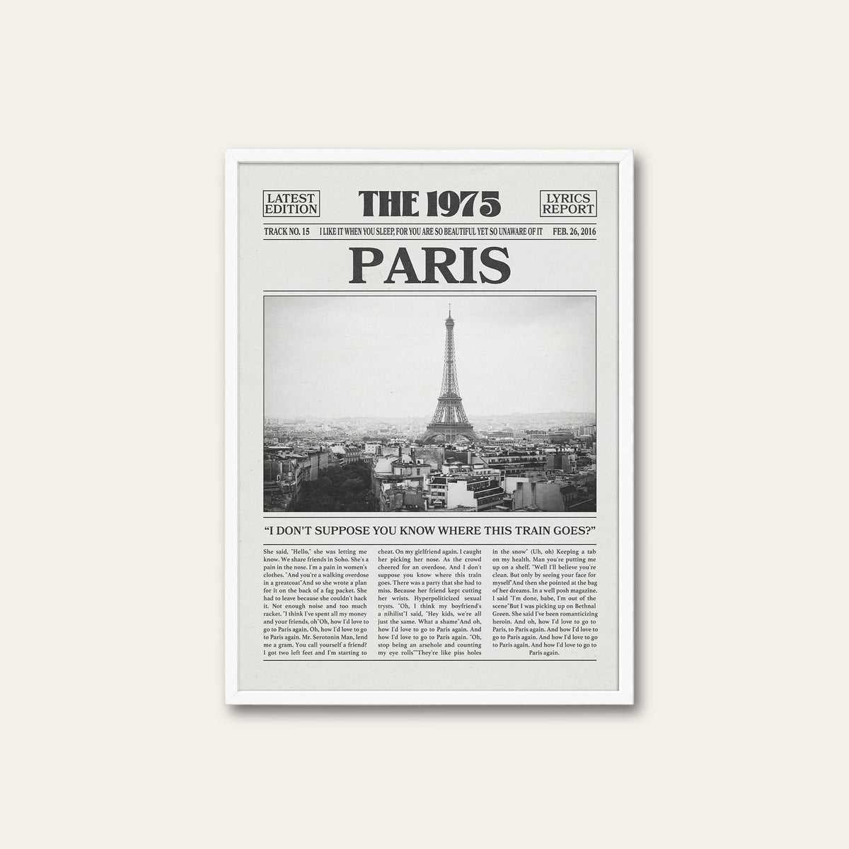 The 1975 Paris newspaper poster — white frame