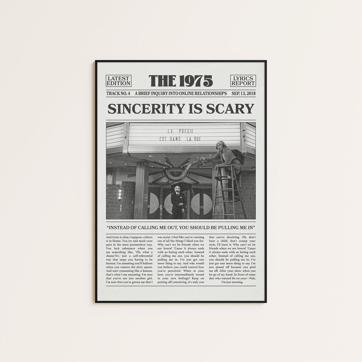 The 1975 Sincerity Is Scary newspaper poster — black frame display