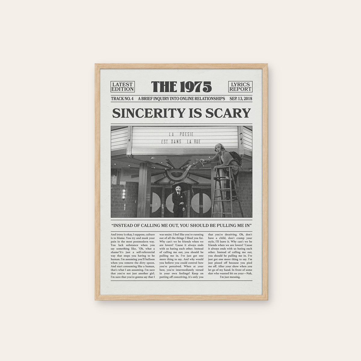 The 1975 Sincerity Is Scary newspaper poster — natural wood frame
