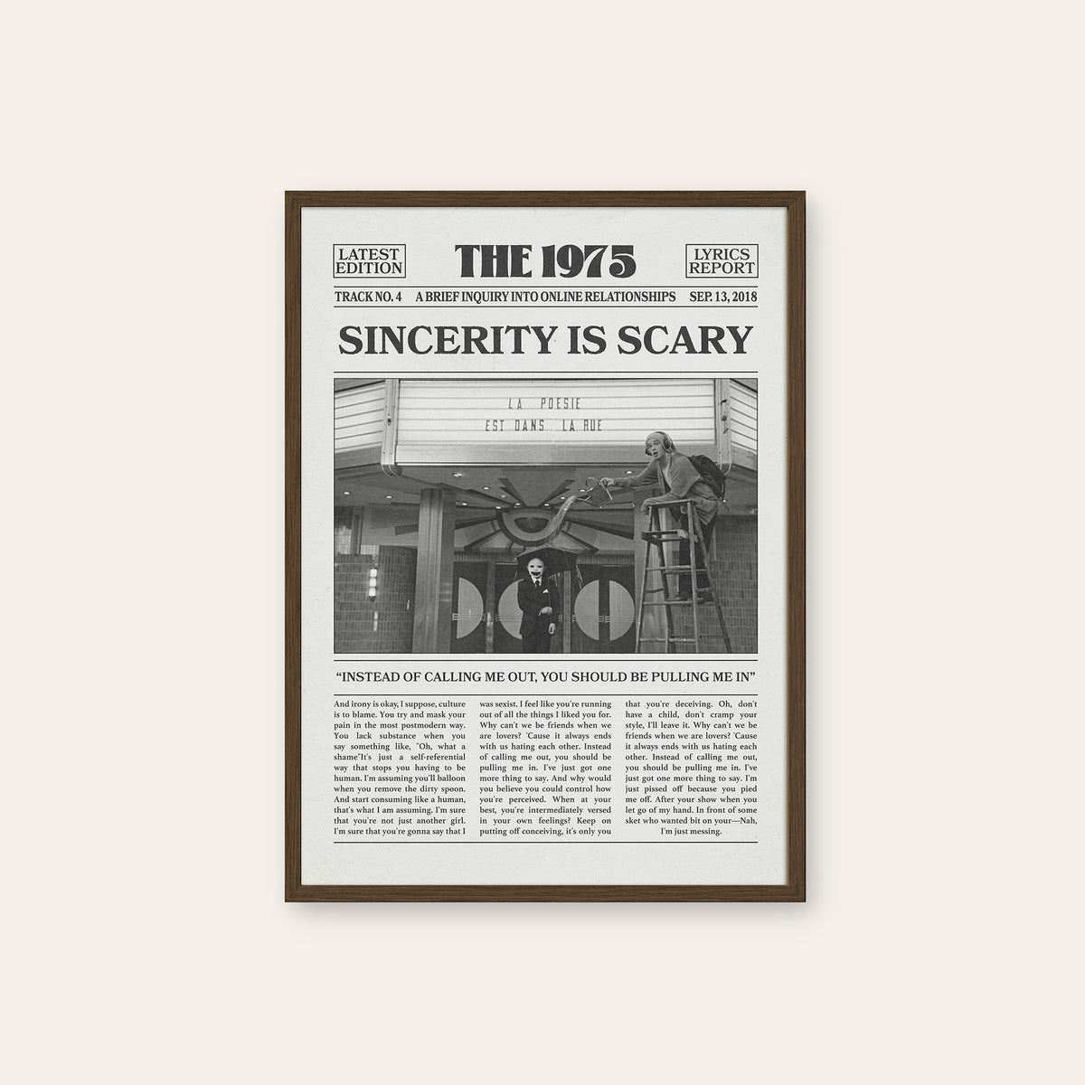 The 1975 Sincerity Is Scary newspaper poster — dark wood frame
