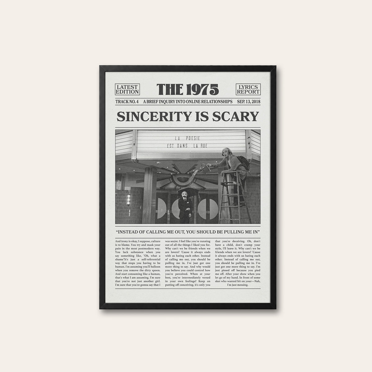 The 1975 Sincerity Is Scary newspaper poster — black frame