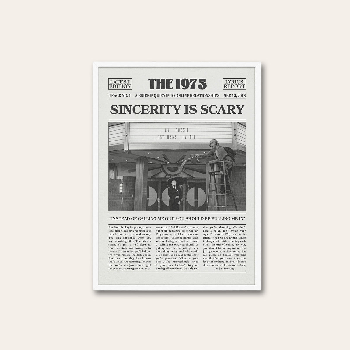 The 1975 Sincerity Is Scary newspaper poster — white frame