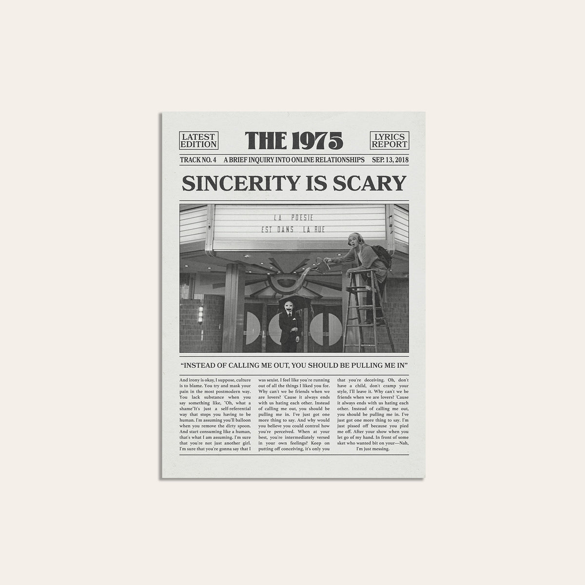 The 1975 Sincerity Is Scary newspaper poster — unframed print