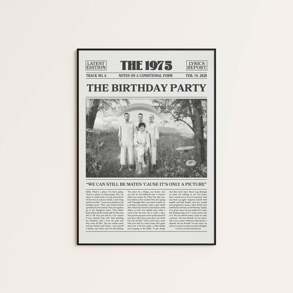 The 1975 The Birthday Party newspaper poster — black frame display