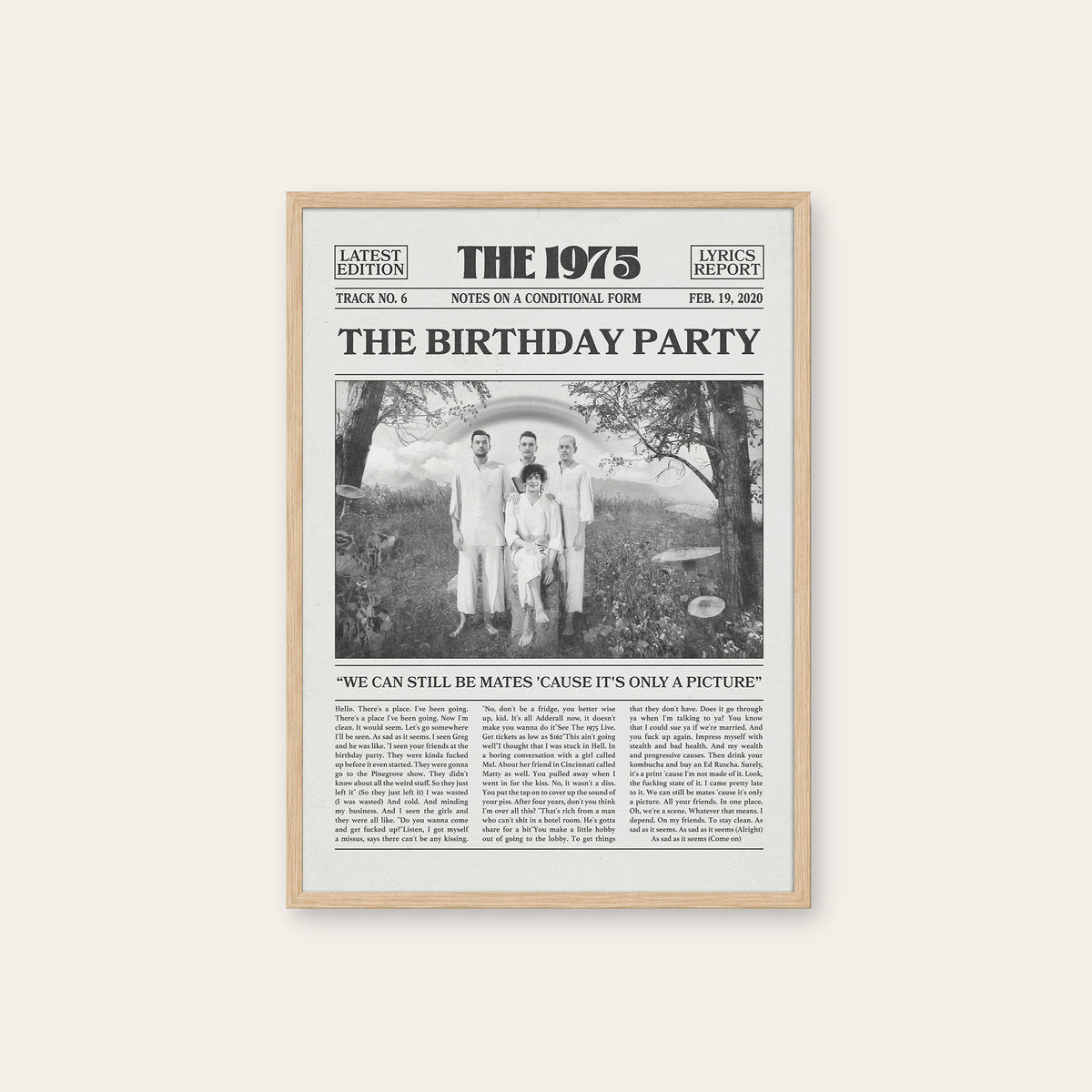 The 1975 The Birthday Party newspaper poster — natural wood frame