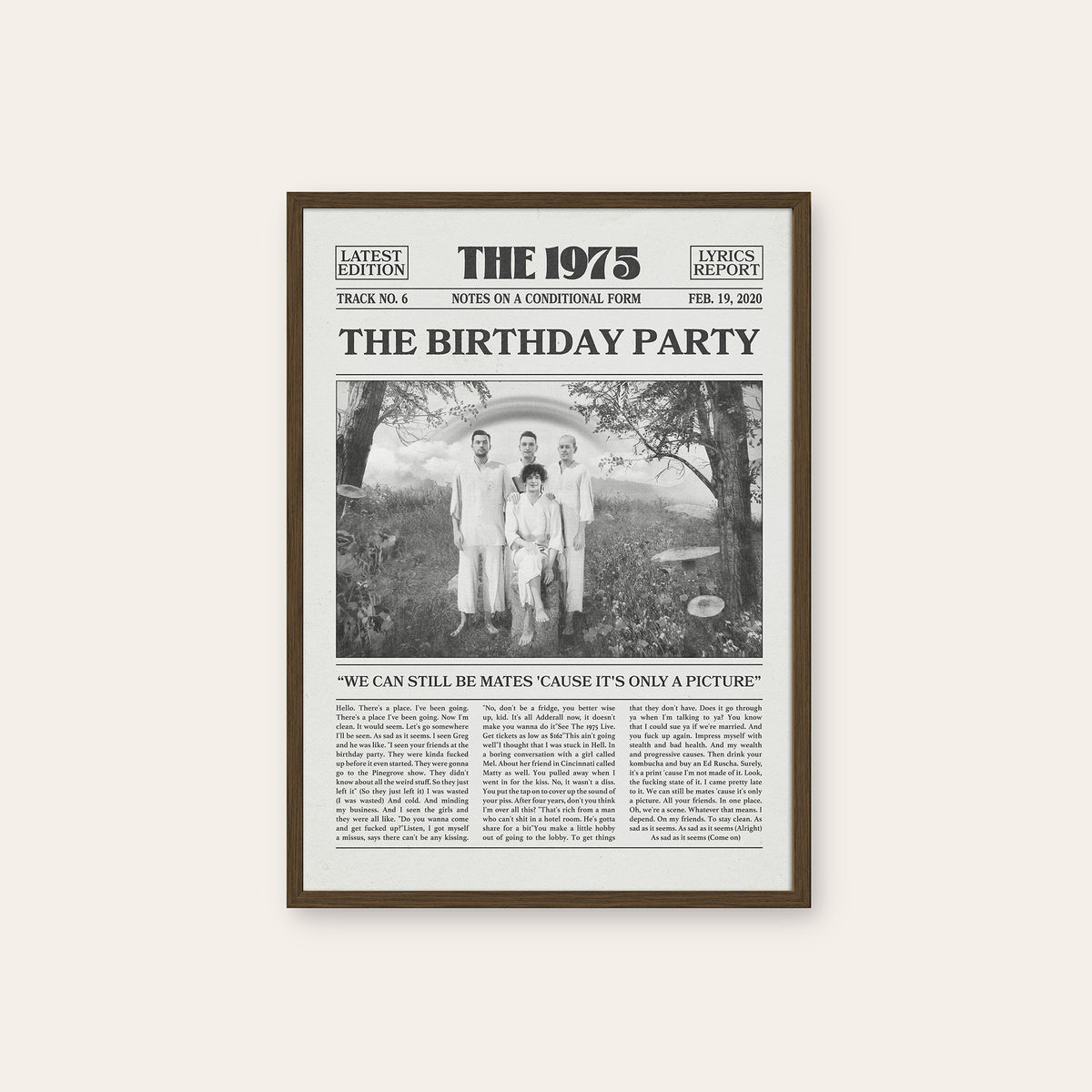 The 1975 The Birthday Party newspaper poster — dark wood frame
