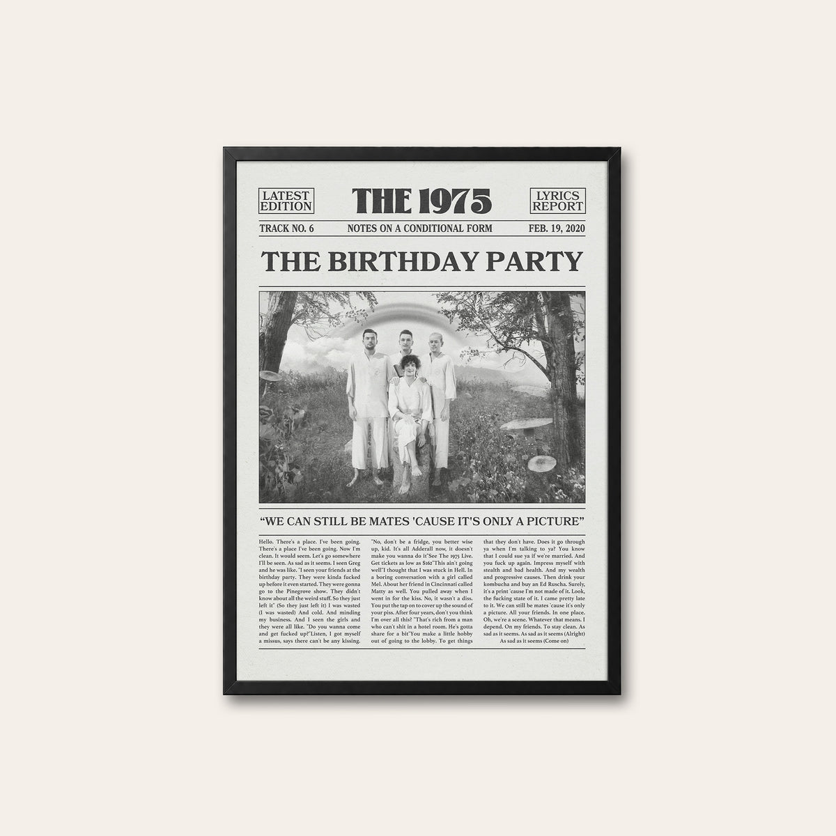 The 1975 The Birthday Party newspaper poster — black frame