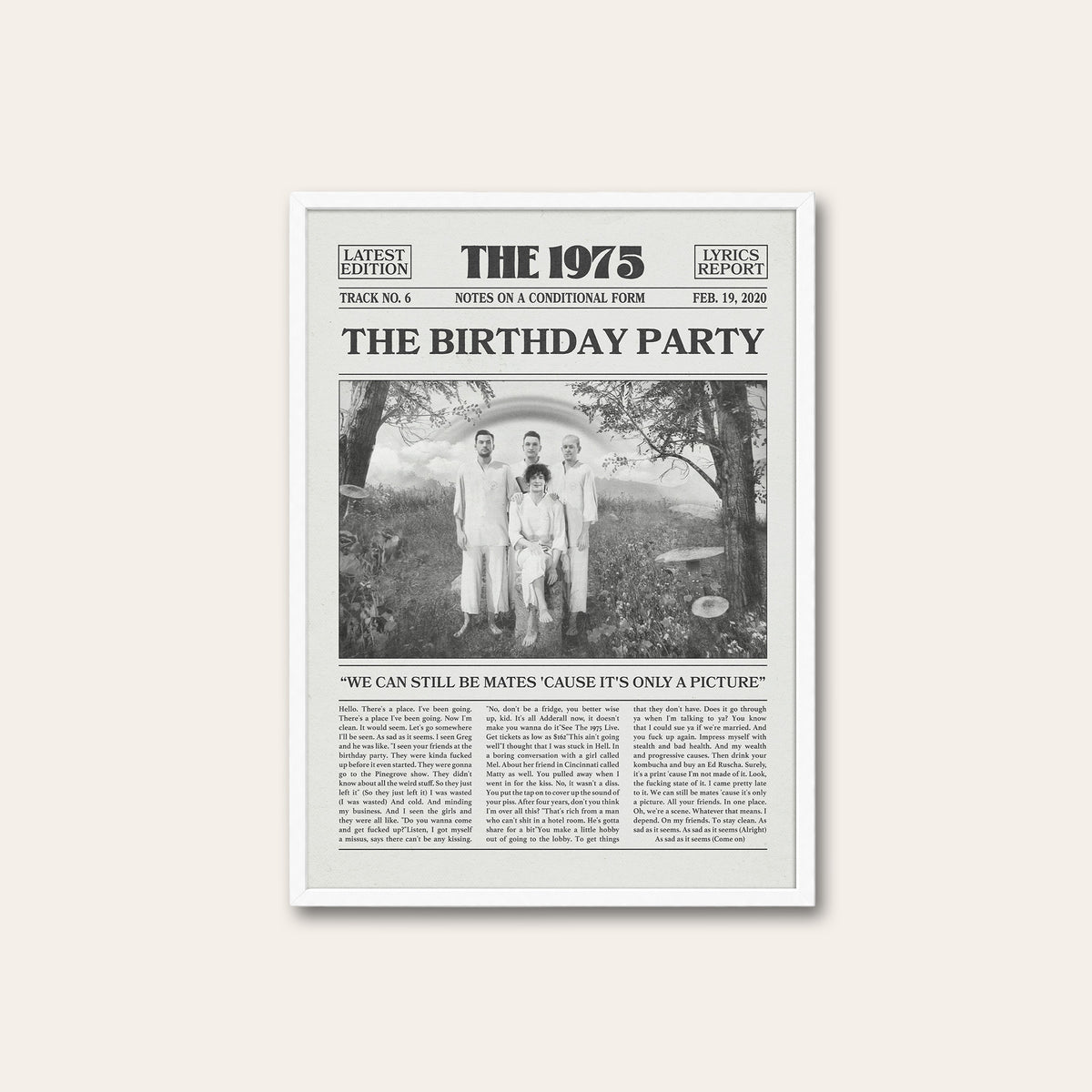 The 1975 The Birthday Party newspaper poster — white frame