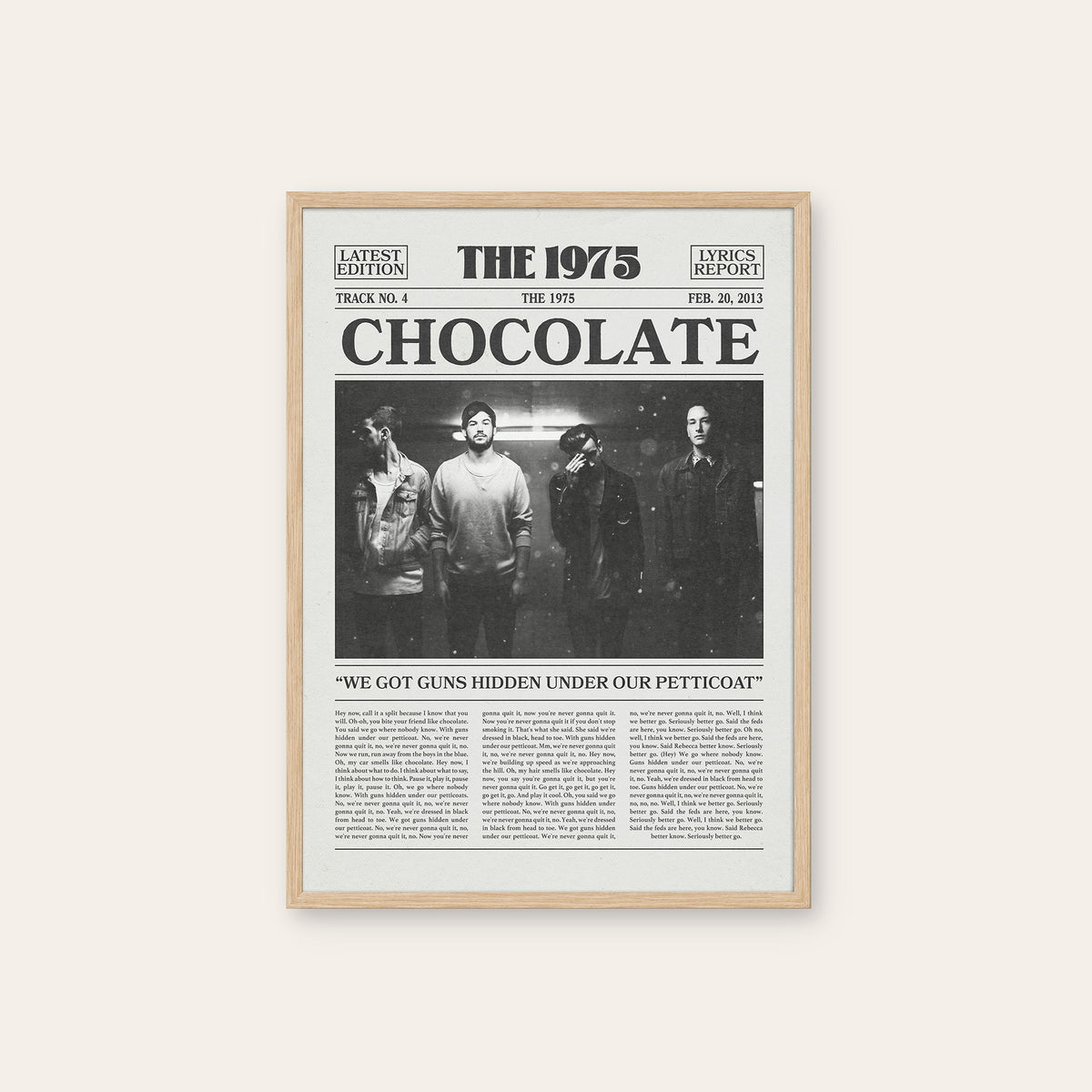 The 1975 Chocolate newspaper poster — natural wood frame