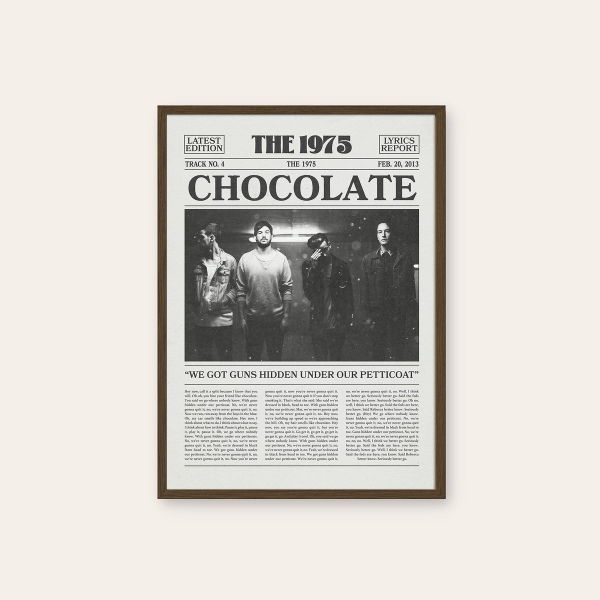 The 1975 Chocolate newspaper poster — dark wood frame