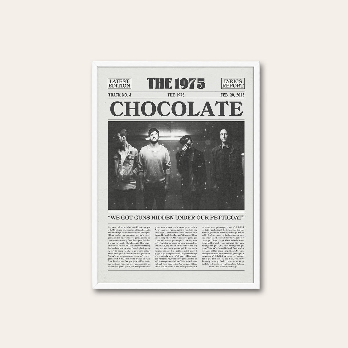 The 1975 Chocolate newspaper poster — white frame