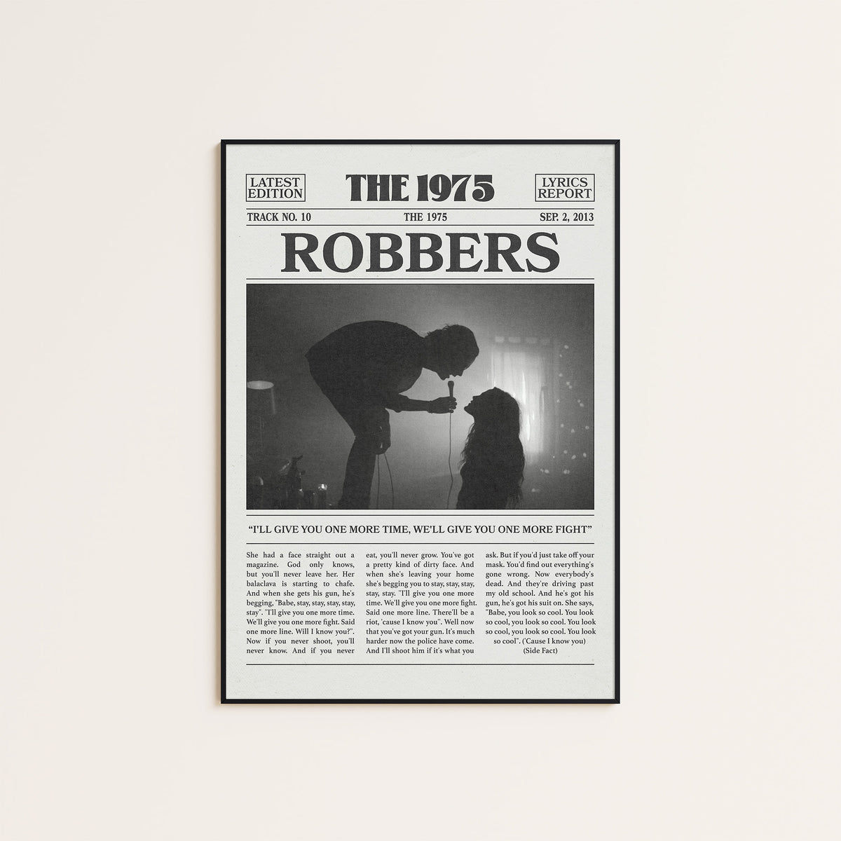 The 1975 Robbers newspaper poster — black frame display