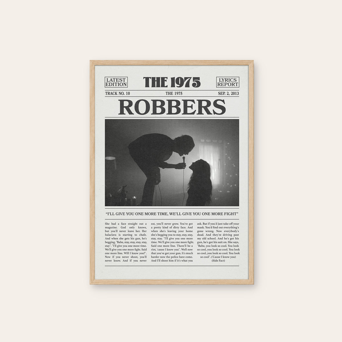 The 1975 Robbers newspaper poster — natural wood frame