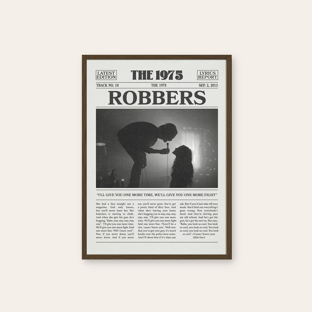 The 1975 Robbers newspaper poster — dark wood frame