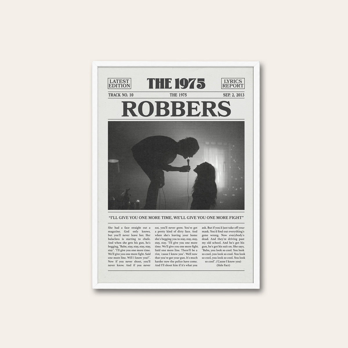 The 1975 Robbers newspaper poster — white frame