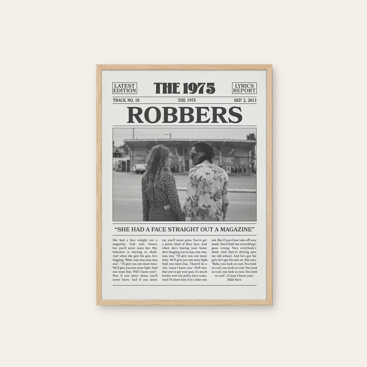 The 1975 Robbers newspaper poster — natural wood frame