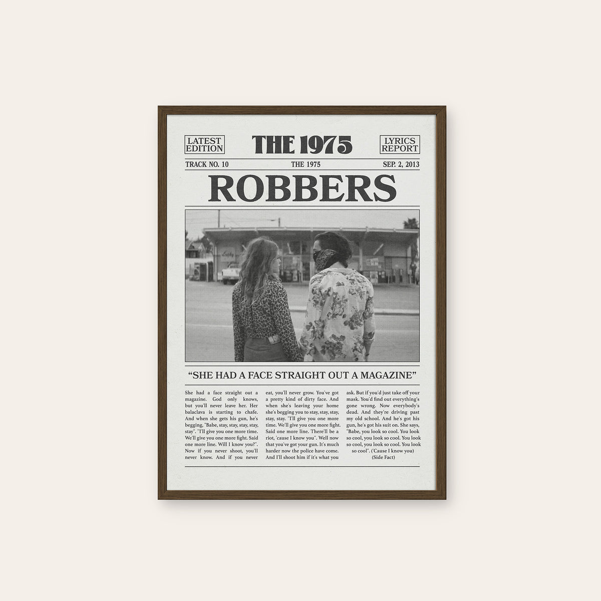 The 1975 Robbers newspaper poster — dark wood frame