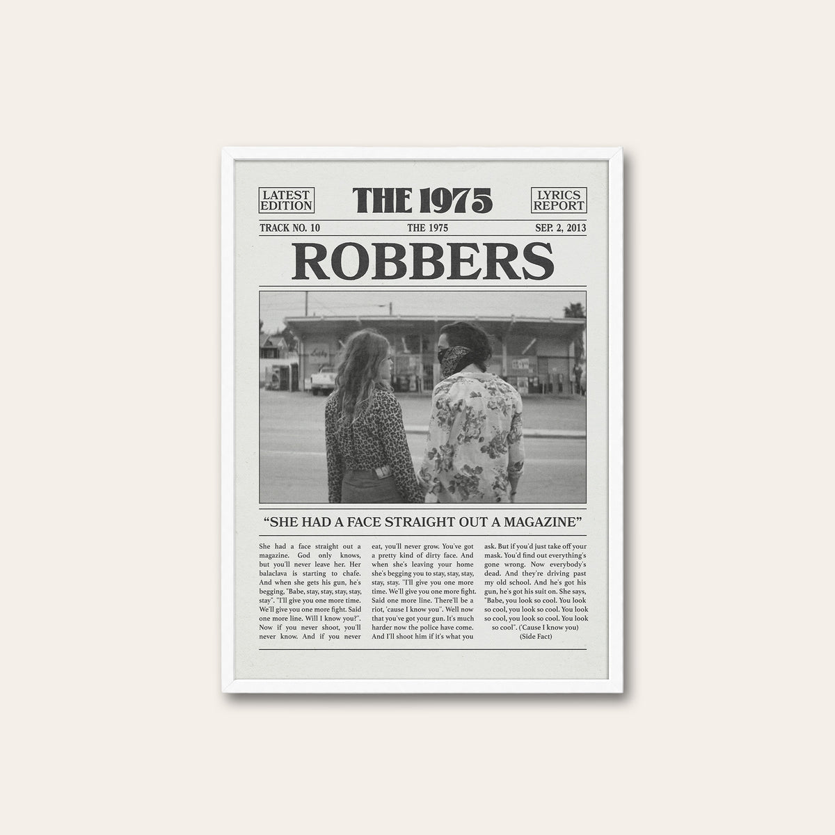 The 1975 Robbers newspaper poster — white frame