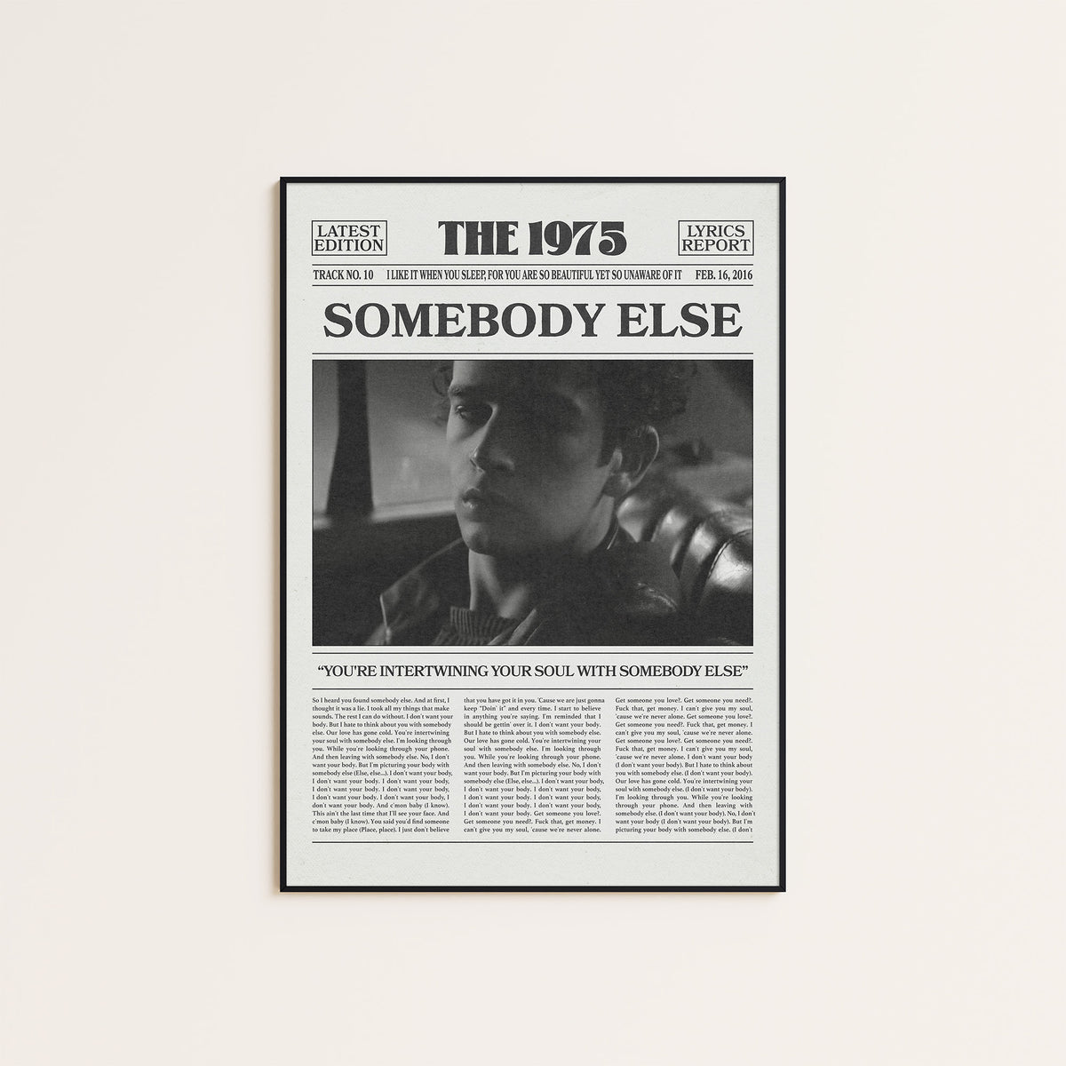 The 1975 Somebody Else newspaper poster — black frame display