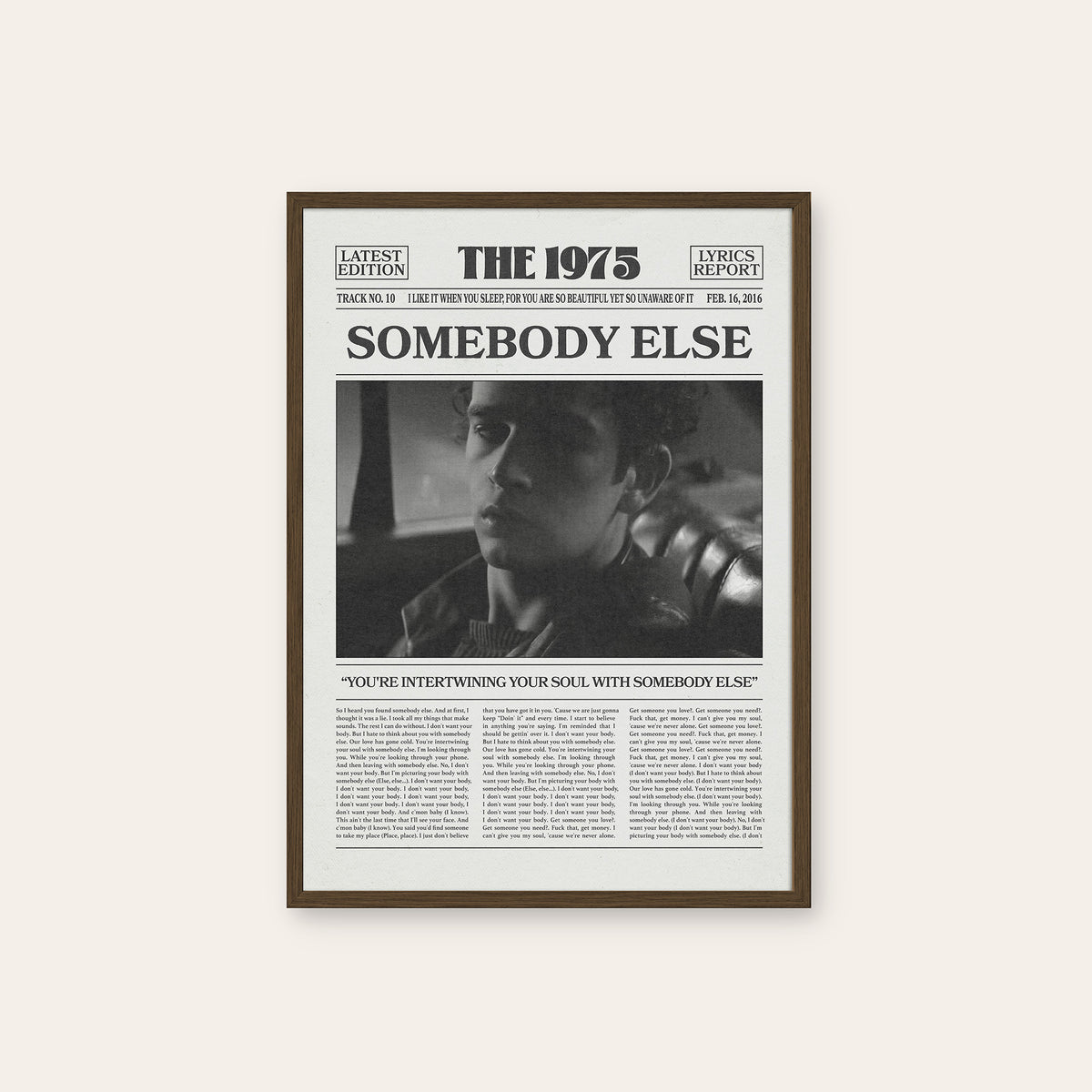 The 1975 Somebody Else newspaper poster — dark wood frame