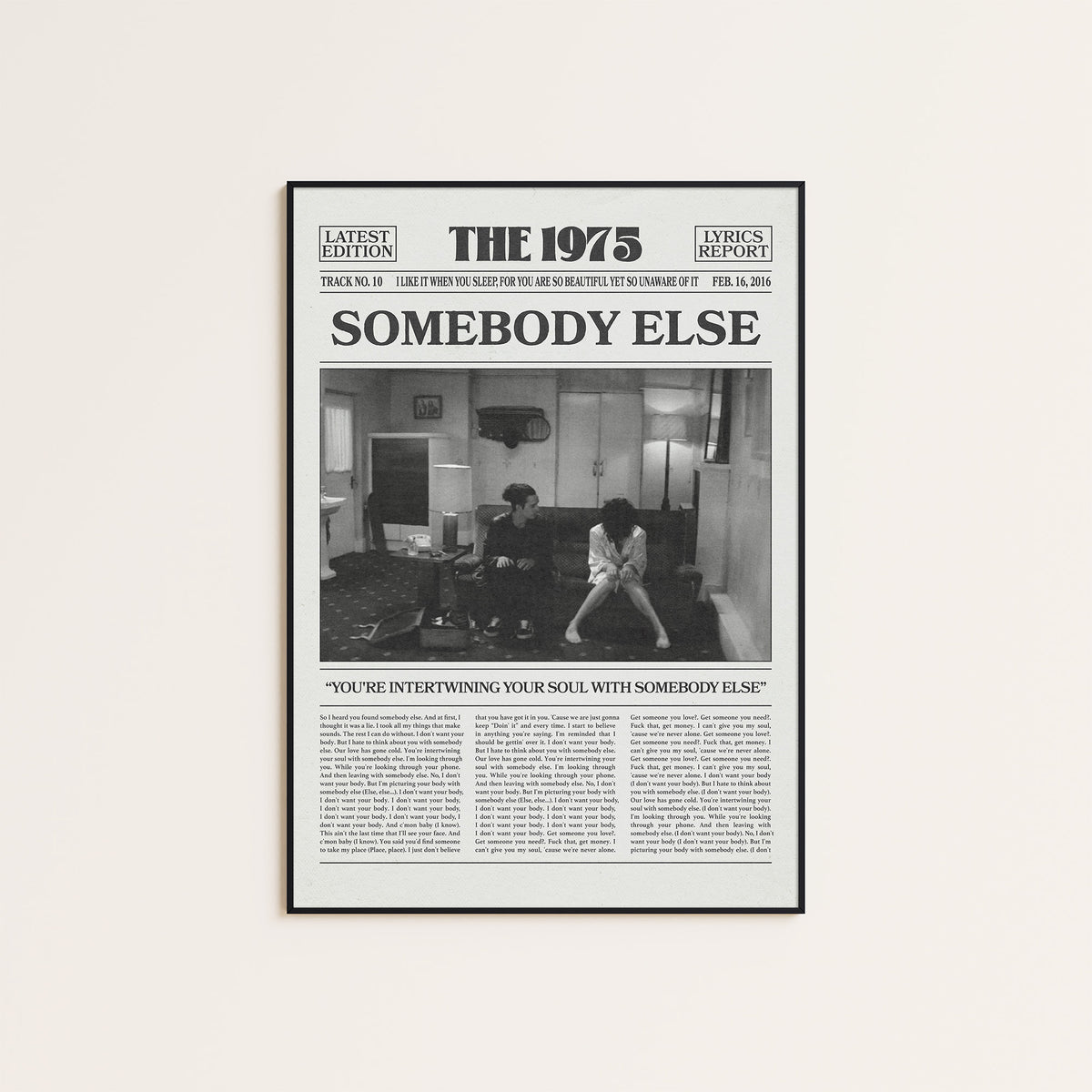 The 1975 Somebody Else newspaper poster — black frame display