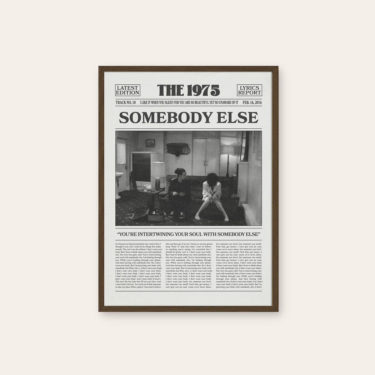 The 1975 Somebody Else newspaper poster — dark wood frame