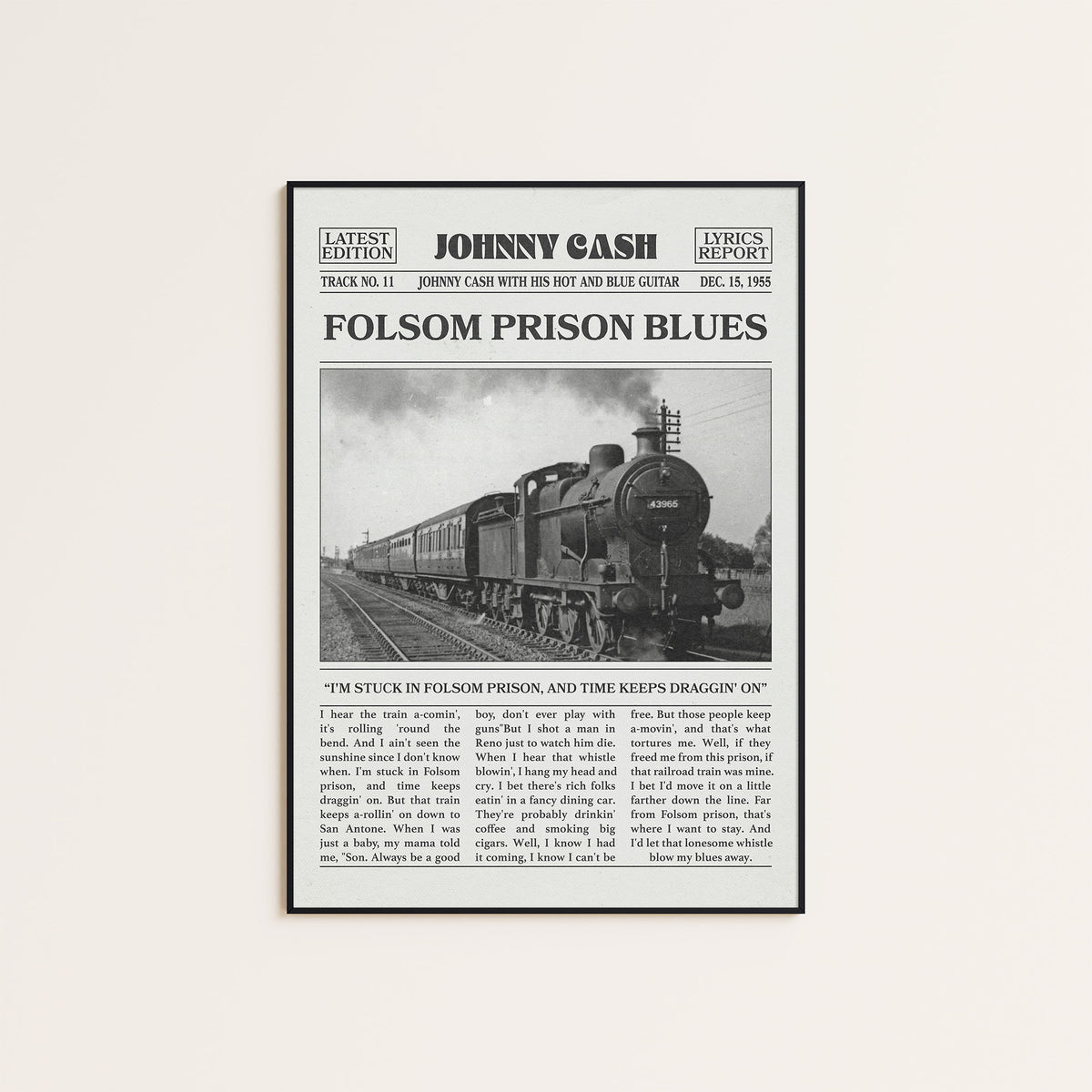 Johnny Cash Folsom Prison Blues newspaper poster — black frame display