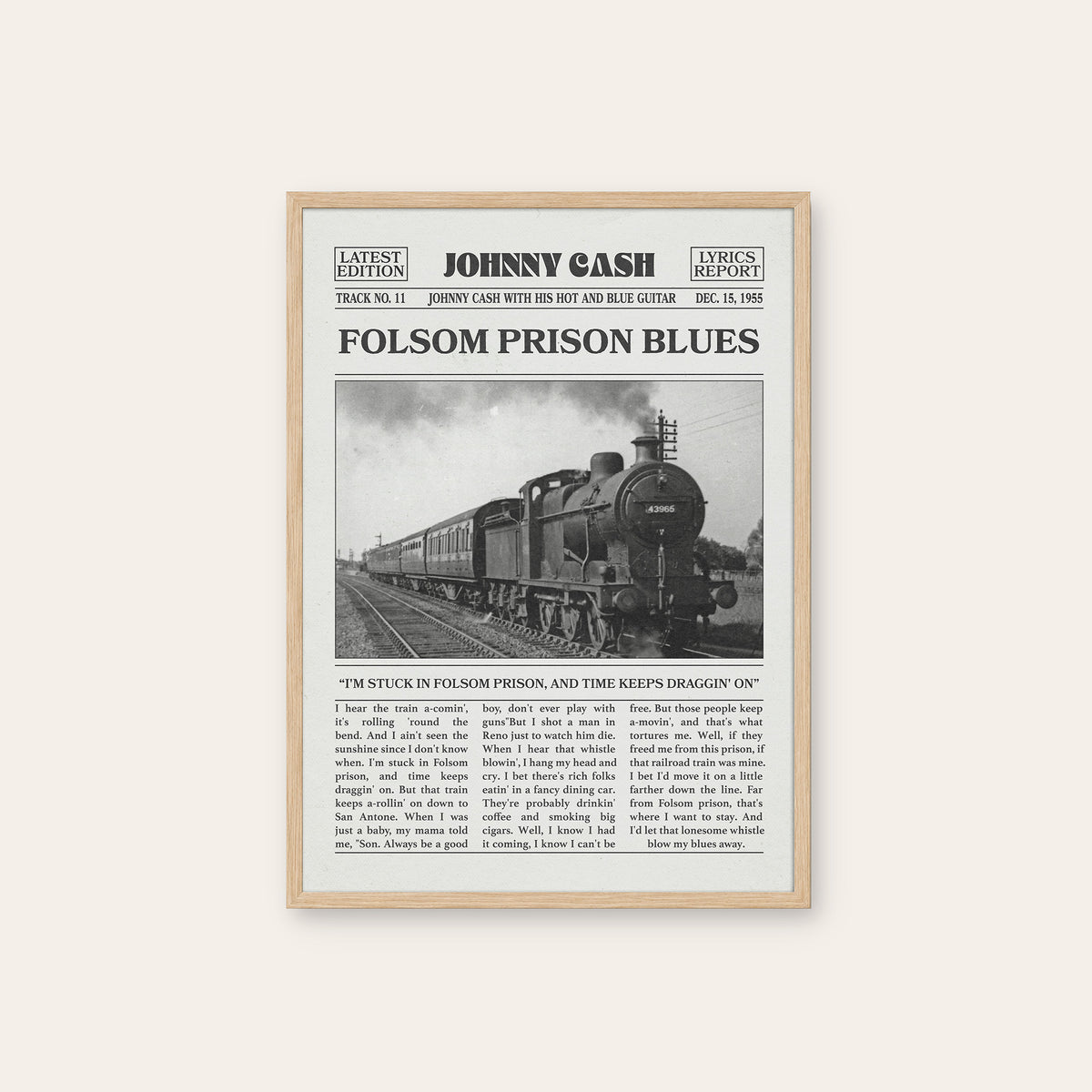 Johnny Cash Folsom Prison Blues newspaper poster — natural wood frame