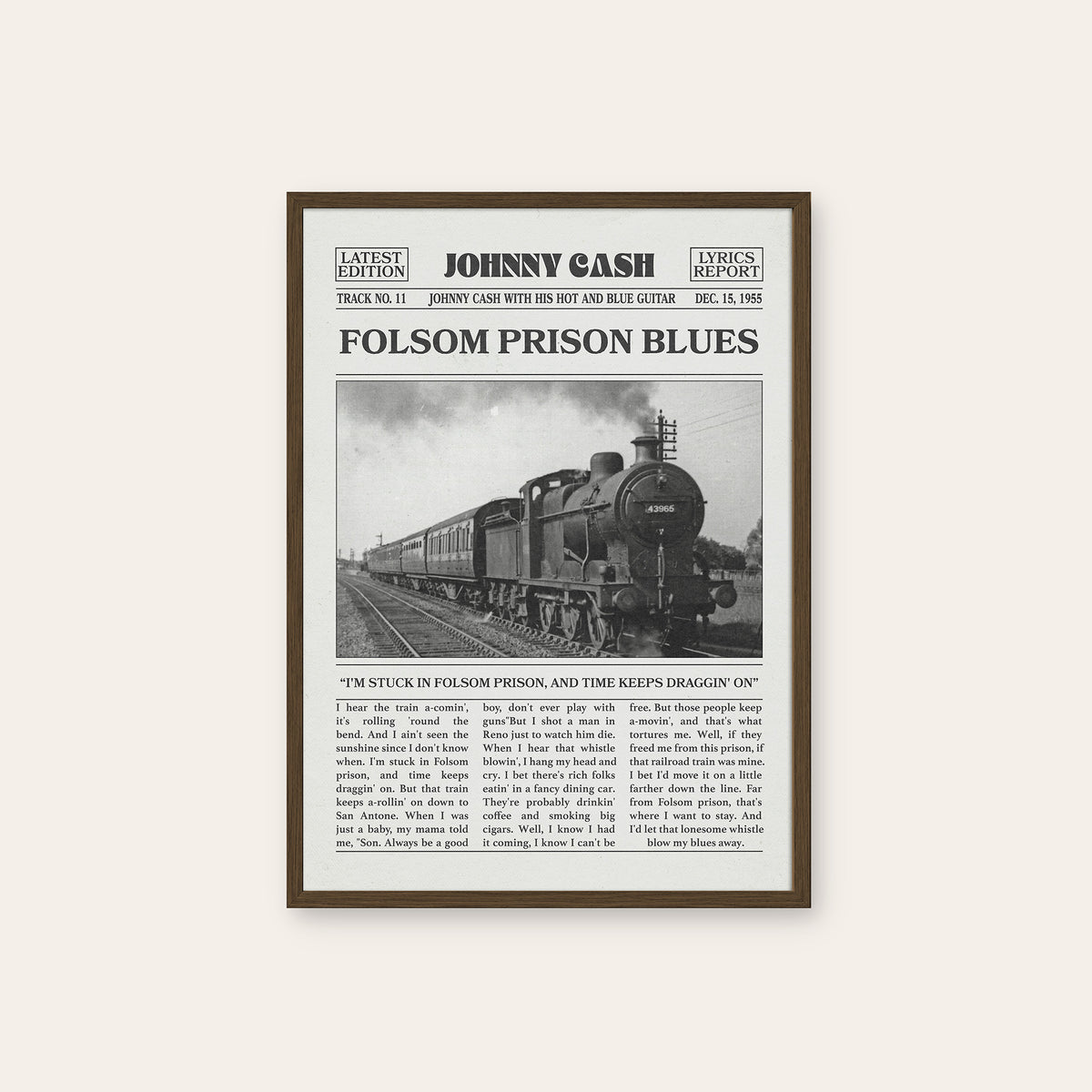 Johnny Cash Folsom Prison Blues newspaper poster — dark wood frame