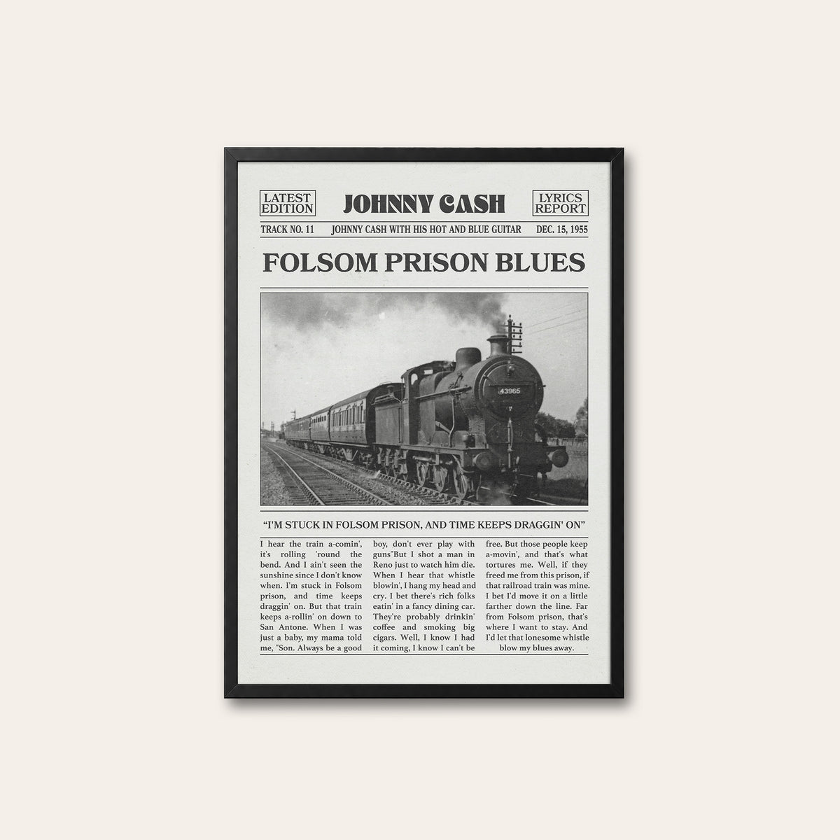 Johnny Cash Folsom Prison Blues newspaper poster — black frame