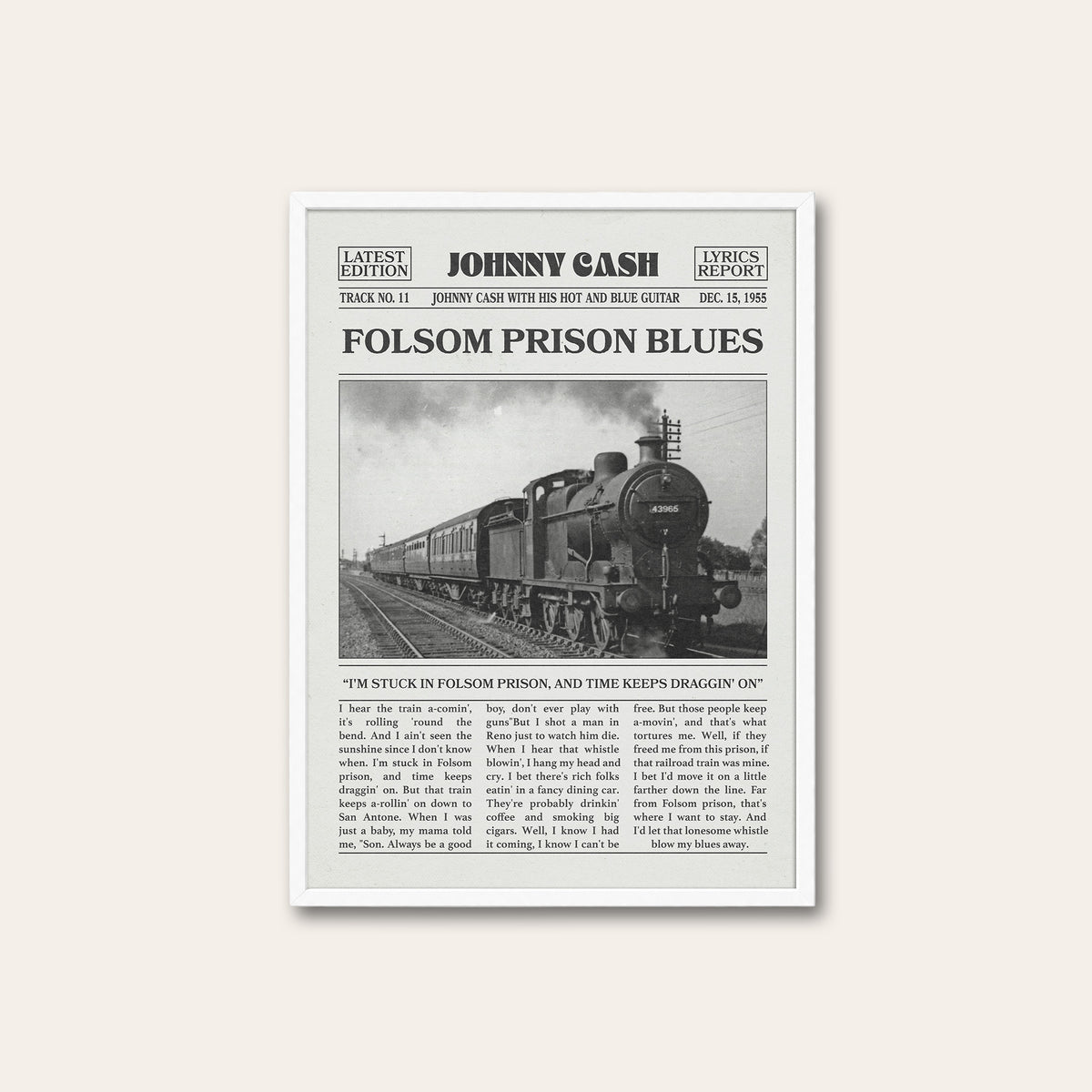 Johnny Cash Folsom Prison Blues newspaper poster — white frame