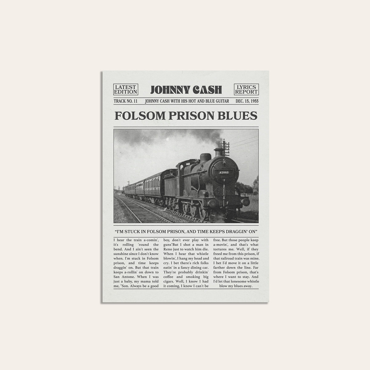 Johnny Cash Folsom Prison Blues newspaper poster — unframed print