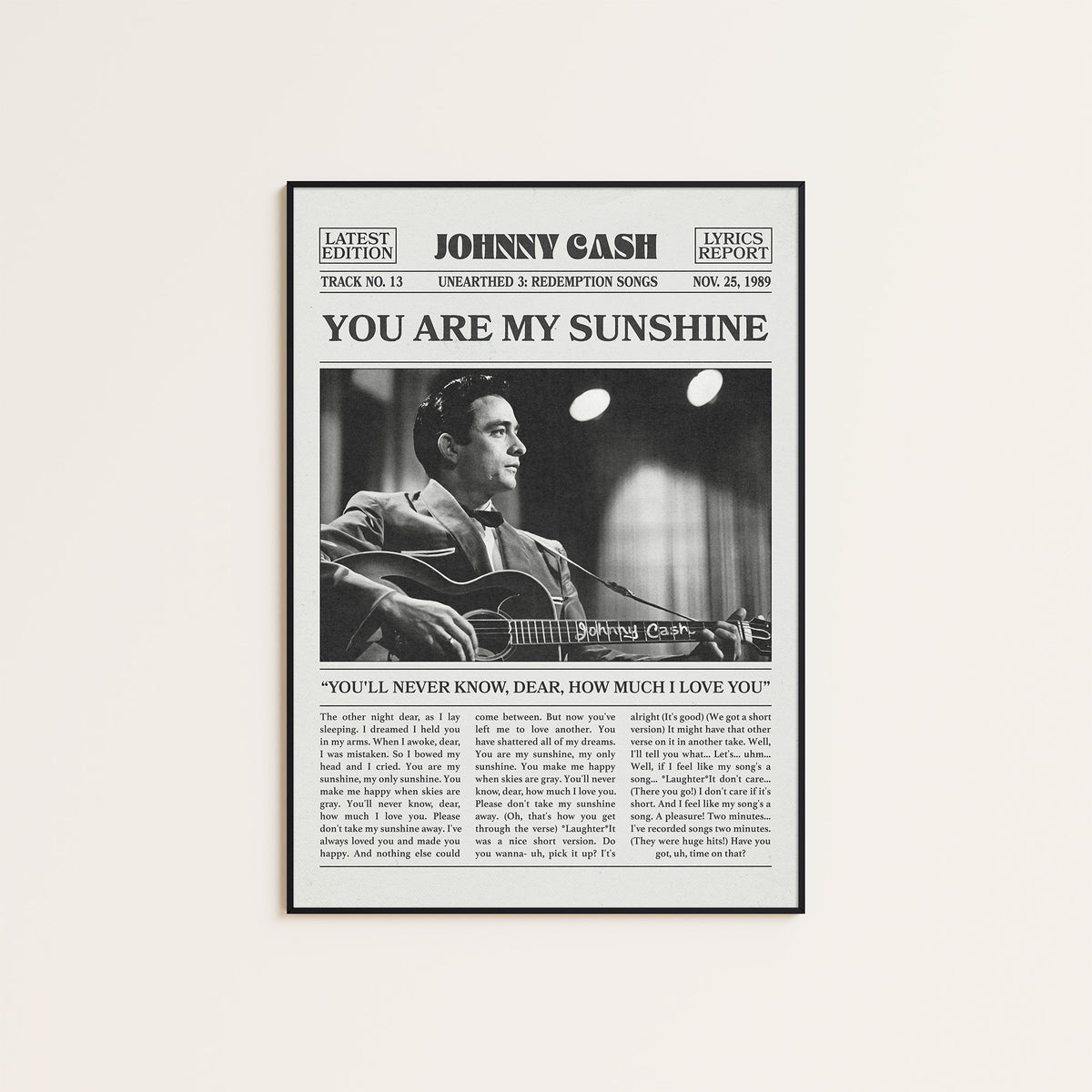 Johnny Cash You Are My Sunshine newspaper poster — black frame display