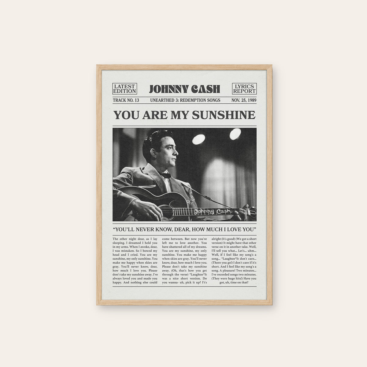 Johnny Cash You Are My Sunshine newspaper poster — natural wood frame