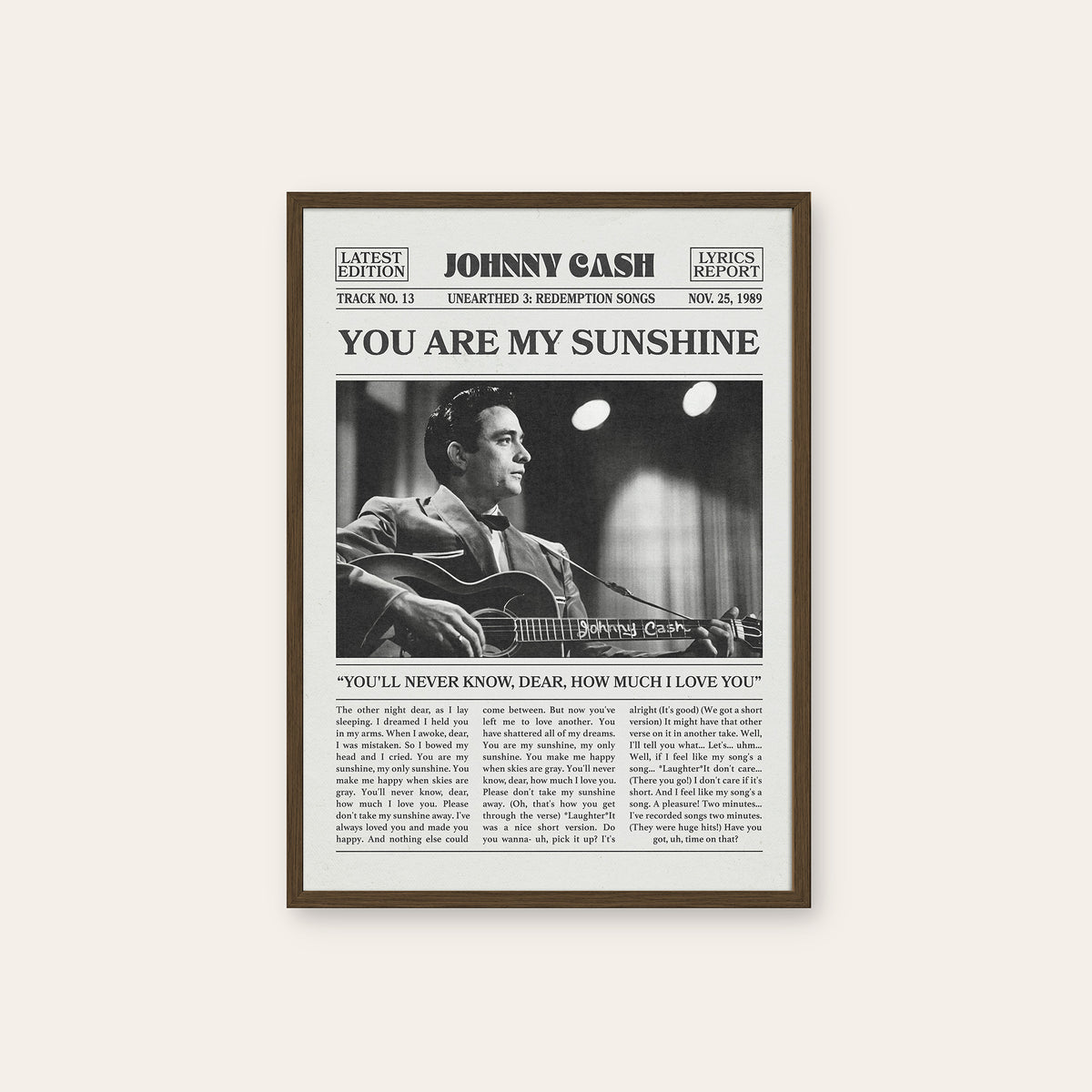 Johnny Cash You Are My Sunshine newspaper poster — dark wood frame