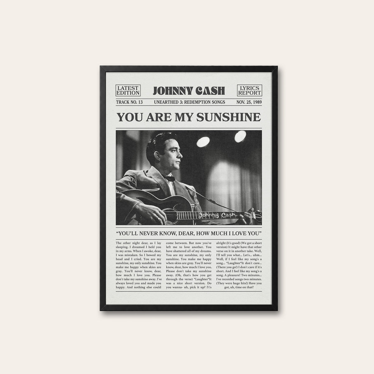 Johnny Cash You Are My Sunshine newspaper poster — black frame