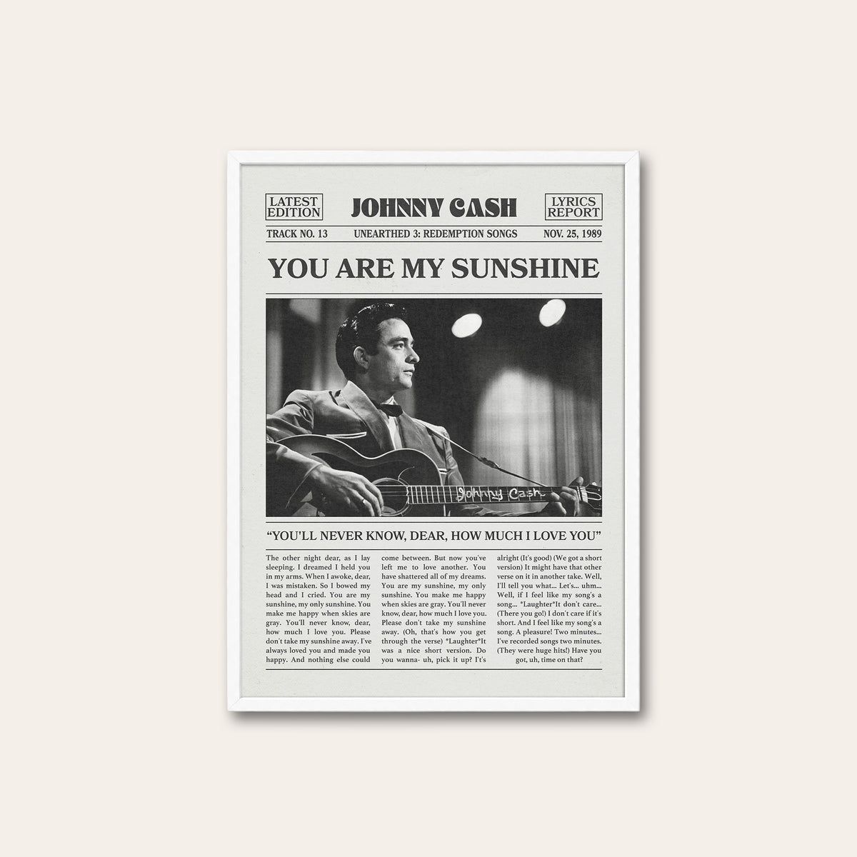 Johnny Cash You Are My Sunshine newspaper poster — white frame