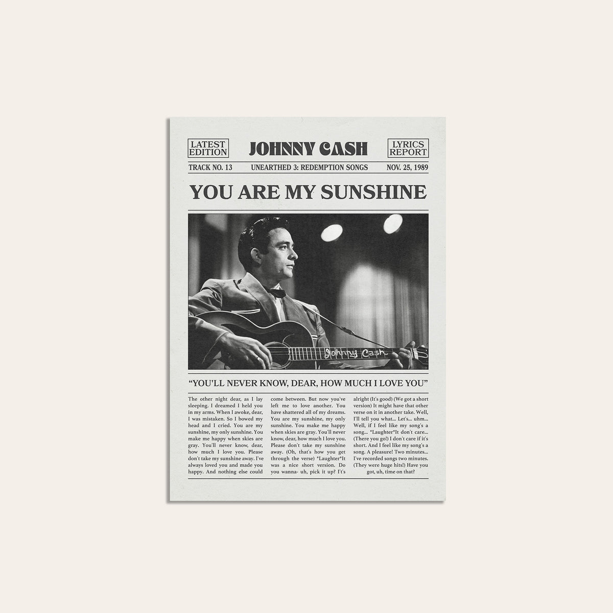 Johnny Cash You Are My Sunshine newspaper poster — unframed print