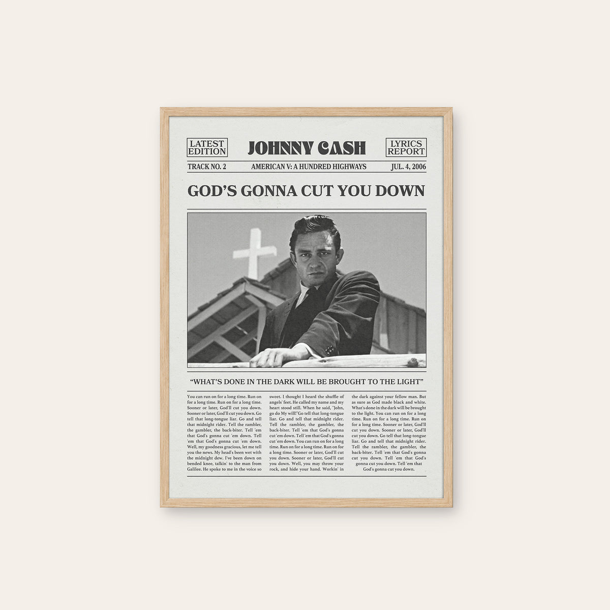 Johnny Cash God's Gonna Cut You Down newspaper poster — natural wood frame