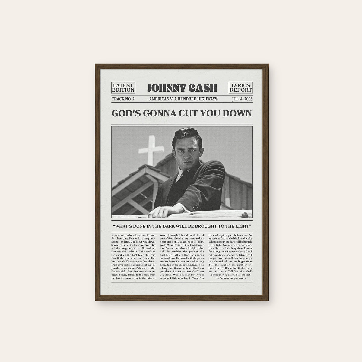 Johnny Cash God's Gonna Cut You Down newspaper poster — dark wood frame