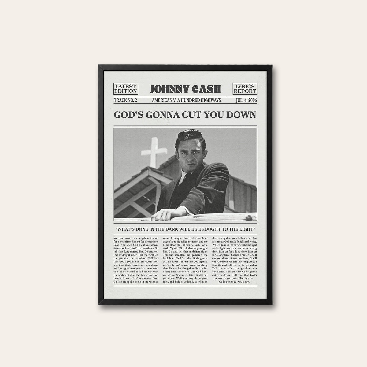 Johnny Cash God's Gonna Cut You Down newspaper poster — black frame