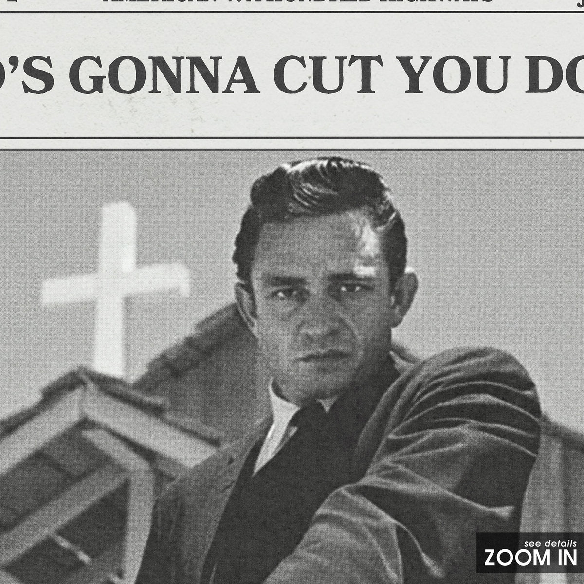 Johnny Cash God's Gonna Cut You Down newspaper poster — close-up detail