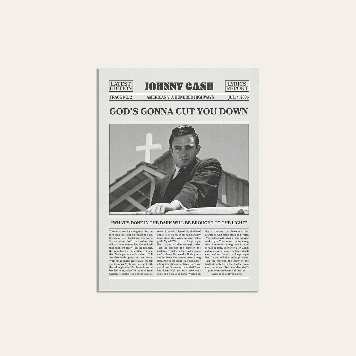 Johnny Cash God's Gonna Cut You Down newspaper poster — unframed print