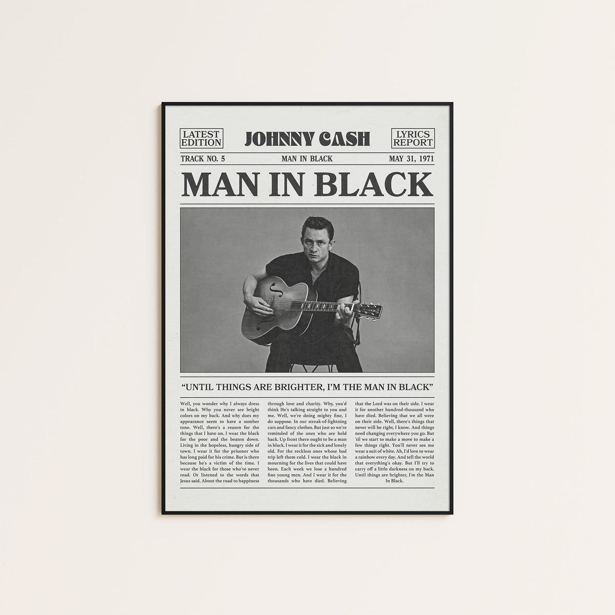 Johnny Cash Man in Black newspaper poster — black frame display