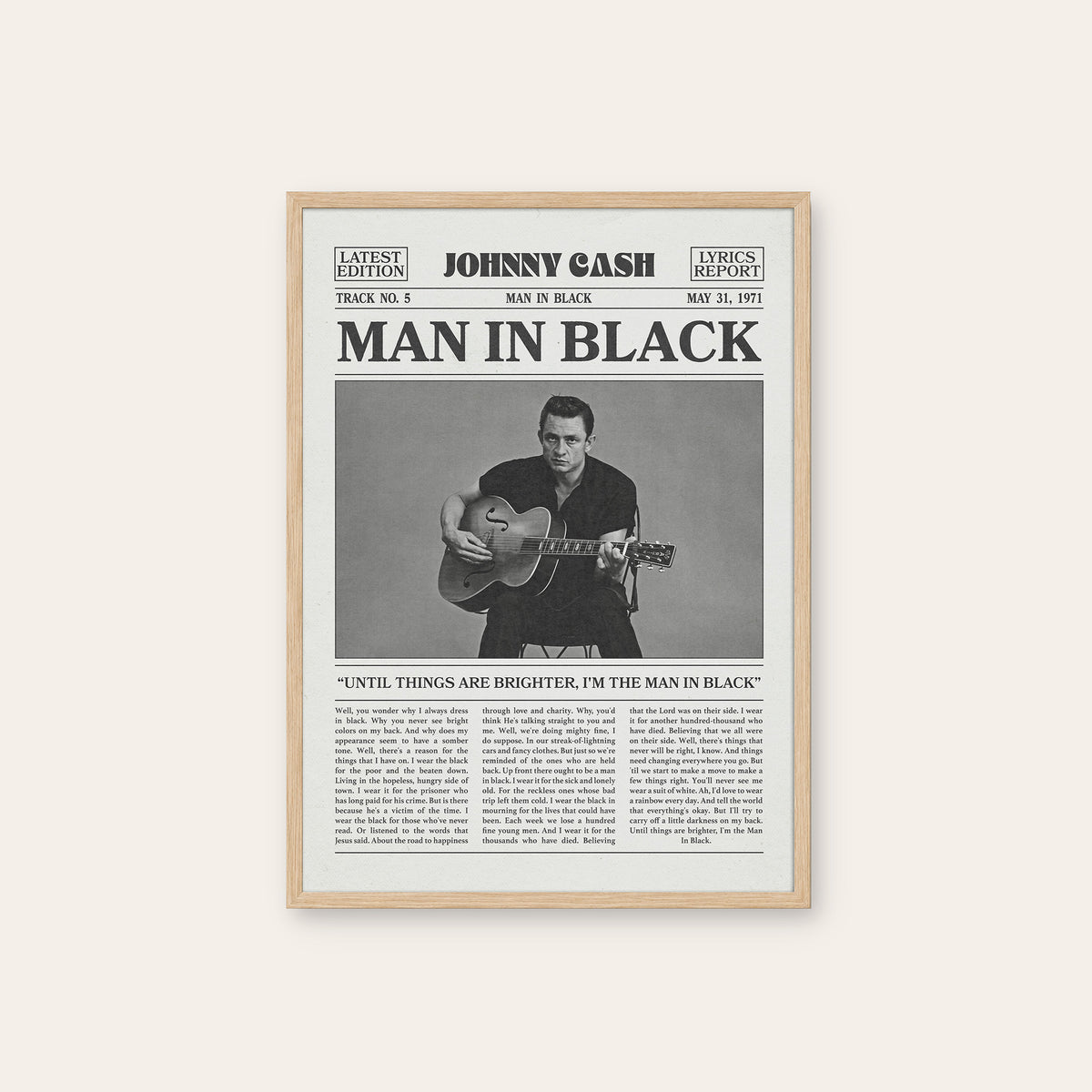 Johnny Cash Man in Black newspaper poster — natural wood frame