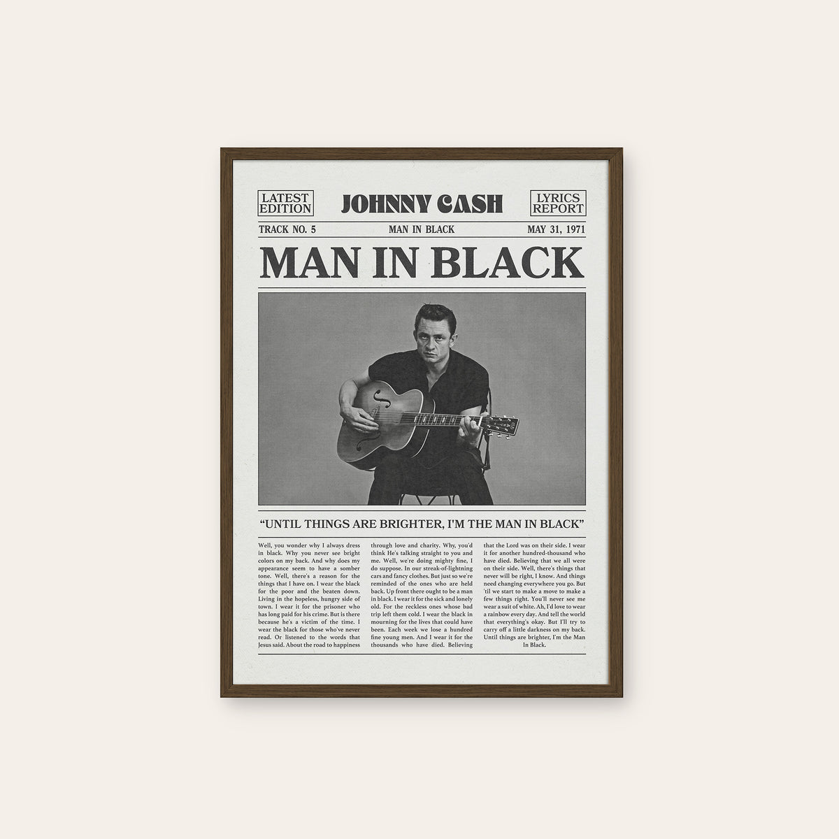 Johnny Cash Man in Black newspaper poster — dark wood frame
