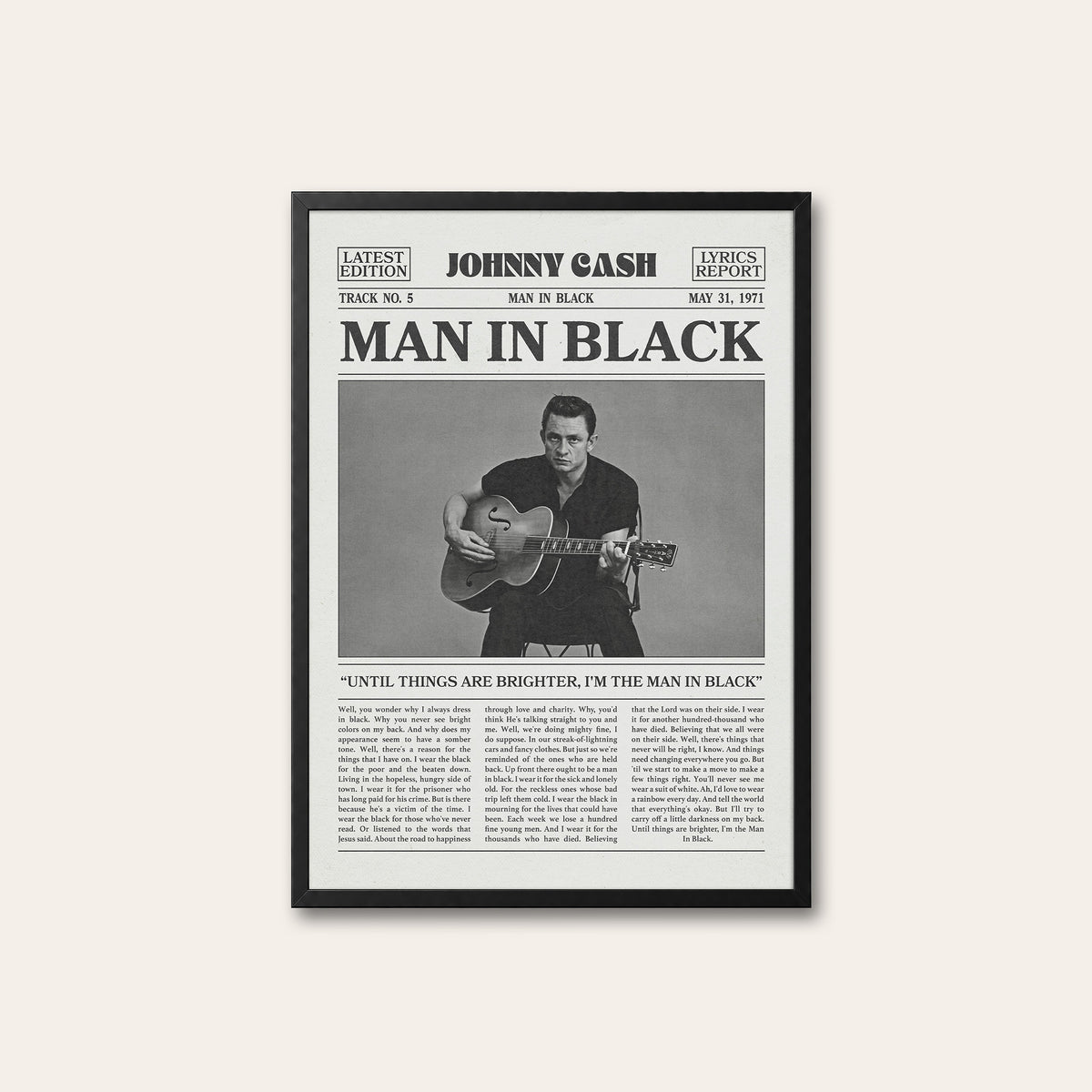 Johnny Cash Man in Black newspaper poster — black frame