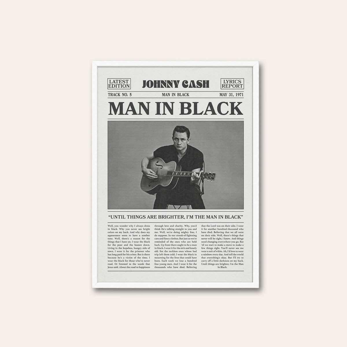 Johnny Cash Man in Black newspaper poster — white frame