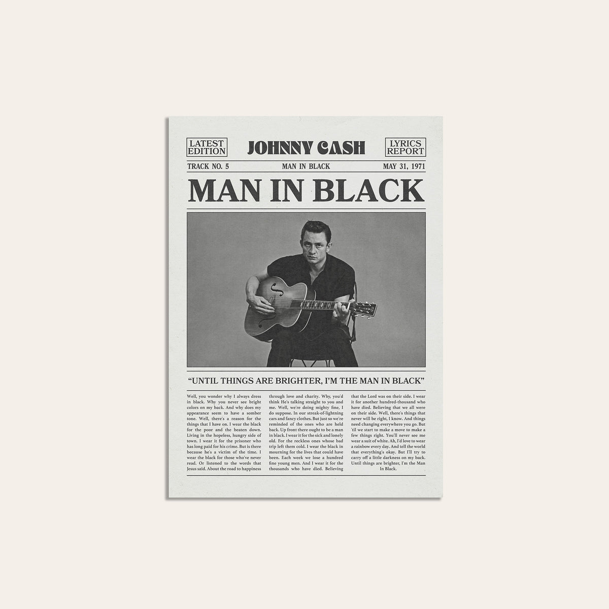 Johnny Cash Man in Black newspaper poster — unframed print